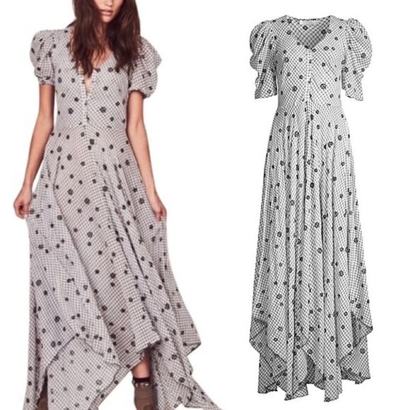 LoveShackFancy Coralie Puff Sleeve V Neck Midi Dress Charcoal Floral Plaid US 0 - Picture 5 of 12